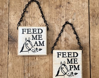 Feed Sign-Feed Me Flip It AM&PM Horse Head-Horse Feed Sign-Pony Feeding-Horse Care-Double Side Sign-Pony Care-Barn Decor-Wooden Feed Sign