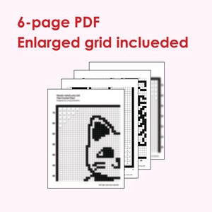 Puede incluir: Una pila de seis p&aacute;ginas PDF con un dise&ntilde;o de gato pixelado, con el texto "6-page PDF" y "Enlarged grid included" en rojo. El dise&ntilde;o del gato es en blanco y negro.