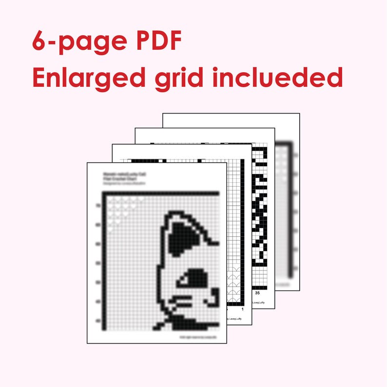 Puede incluir: Una pila de seis p&aacute;ginas PDF con un dise&ntilde;o de gato pixelado, con el texto "6-page PDF" y "Enlarged grid included" en rojo. El dise&ntilde;o del gato es en blanco y negro.