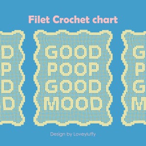 Może przedstawiać: Niebieskie tło z wzorem wykresu szydełkowego filet. Wykres zawiera słowa "GOOD POOP GOOD MOOD" w kolorze jasnożółtym. Tekst "Filet Crochet chart" znajduje się na górze, a "Design by Loveyluffy" na dole.