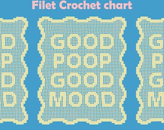 Puede incluir: Un fondo azul con un diseño de gráfico de ganchillo de filete. El gráfico presenta las palabras "GOOD POOP GOOD MOOD" en color amarillo claro. El texto "Filet Crochet chart" está en la parte superior y "Design by Loveyluffy" en la parte inferior.