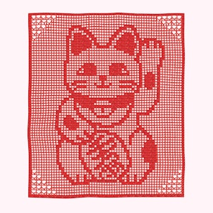 Patrón de ganchillo para colgar en la pared con diseño de gato de la suerte japonés (Maneki-neko) / Patrón de ganchillo filet para decoración de pared (patrón en PDF)