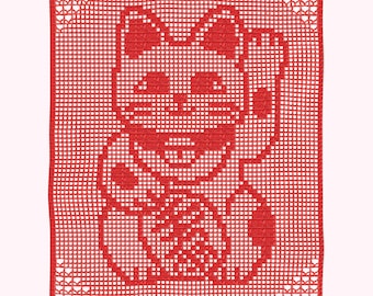 Patrón de ganchillo para colgar en la pared con diseño de gato de la suerte japonés (Maneki-neko) / Patrón de ganchillo filet para decoración de pared (patrón en PDF)