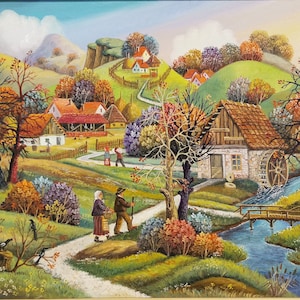 Naive Art Paintings &quot;Village in Fall&quot; by SLOBODAN PEKAS, Serbian Artist