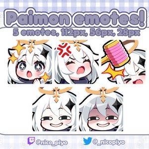 May include: Five animated emotes featuring a character with white hair, black eyes, and a pink and yellow halo. The character is shown with different expressions, including surprised, angry, and smiling. The emotes are in a grid format with the text "Paimon emotes!" above the grid and "5 emotes, 112px, 56px, 28px" below the grid. The text "@nico_piyo" is below the grid on the left and "@_nicopiyo" is below the grid on the right.