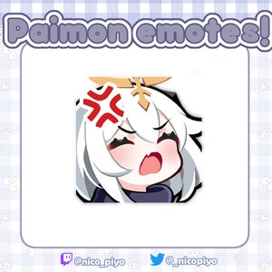 May include: A digital illustration of a cartoon character with white hair and a red cross on their forehead, with a surprised and angry expression. The character is wearing a dark blue scarf and has a gold crown on their head. The text "Paimon emotes!" is above the character.