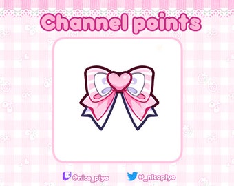 May include: Pink and white bow with a heart in the centre. The bow is outlined in black. The text "Channel points" is at the top of the image. The text "@nico_piyo" is at the bottom of the image.