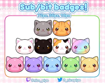 May include: A set of nine cat-themed Twitch badges in various colors and designs. The badges are in three sizes: 72px, 36px, and 18px. The text "Sub/bit badges!" is at the top of the image. The text "@nico_piyo" is at the bottom left of the image. The text "@nicopiyo" is at the bottom right of the image.