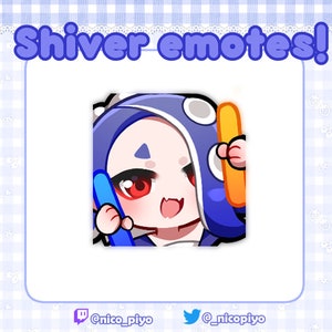 May include: A blue and white cartoon character with red eyes and a wide smile, holding a blue and orange object in each hand. The character is wearing a blue and white hat. The text "Shiver emotes!" is above the character.