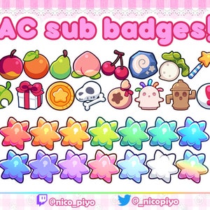 May include: A collection of Animal Crossing themed badges featuring various characters, items, and fruits. The badges are in a variety of colours, including red, orange, yellow, green, blue, purple, and pink. The badges are arranged in two rows, with the top row featuring a variety of characters and items, and the bottom row featuring a variety of stars.