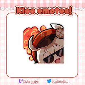 May include: A digital illustration of a character from the video game Genshin Impact. The character is Klee, a young girl with blonde hair and red eyes. She is wearing a red and brown hat and a red and white outfit. She is smiling and wearing sunglasses. The background is a white square with a pink and white checkered pattern.