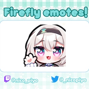 May include: A digital illustration of a cartoon character with white hair, wearing a brown headband and a black and white outfit, waving with a pink paw. The character has large blue eyes with pink highlights and a pink blush on their cheeks. The image includes the text "Firefly emotes!" and social media handles for @nico_piyo on Twitch and Twitter.