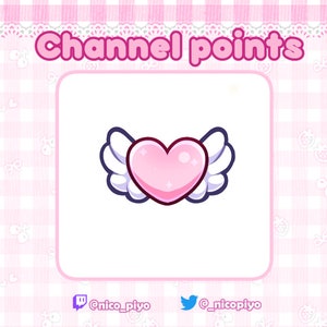 Op de afbeelding: Roze hart met witte vleugels, een schattige afbeelding voor kanaalpunten. De tekst "Channel points" staat bovenaan de afbeelding. De tekst "@nico_piyo" staat onderaan de afbeelding.