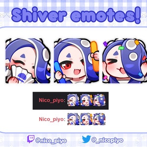 May include: A set of four animated Twitch emotes featuring a blue and purple cartoon character with different expressions. The character is wearing a white shirt and has a blue and purple octopus-like head. The emotes are labelled "Nico_piyo:" and are available on Twitch and Twitter.