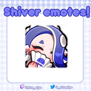 May include: A digital illustration featuring a character with blue hair and a fan, with the text "Shiver emotes!" in a blue frame. The character is holding a fan with a blue circle design. The background is a light blue gingham pattern.