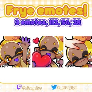 May include: Three animated emotes featuring a brown-skinned character with yellow hair and a yellow outfit. The character has a variety of expressions, including a friendly wave, a blushing expression with a red heart, and a shy expression with a hand on their head. The emotes are labelled "3 emotes, 112, 56, 28".