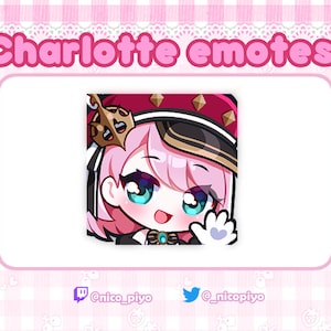 May include: A cartoon illustration of a pink-haired girl with blue eyes wearing a red and black hat with gold accents. She is smiling and waving with a white gloved hand. The image is set against a pink and white checkered background.