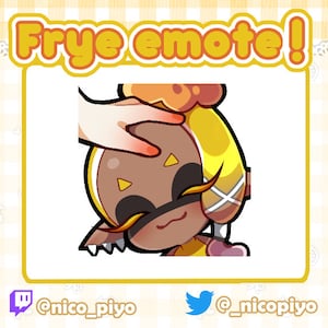 May include: Digital illustration of a character with brown skin, yellow hair, and a yellow and white outfit. The text "Frye emote!" is at the top. Social media handles are at the bottom.