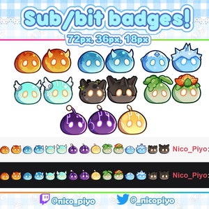 Puede incluir: Un conjunto de 12 insignias animadas de slime de colores en varios tamaños, incluyendo 72px, 36px y 18px. Las insignias presentan diferentes personajes de slime con diseños y expresiones únicos. El texto "Sub/bit badges!" se muestra en la parte superior de la imagen, junto con el texto "Nico_Piyo:" en la parte inferior.