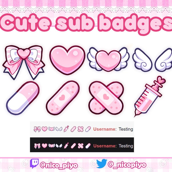 Lindas insignias de sub-bit de corazones rosados/ángel/médico/menhera para twitch/youtube/discord