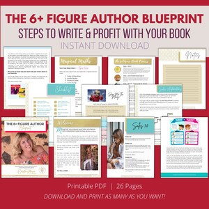 Puede incluir: Un fondo rojo con un collage de páginas de una guía PDF imprimible titulada "The 6+ Figure Author Blueprint: Steps to Write & Profit with Your Book". La guía incluye secciones sobre "Magical Maths", "The 6-Figure Book Process", "Sales Automation", "Sales 3.0" y "Welcome".