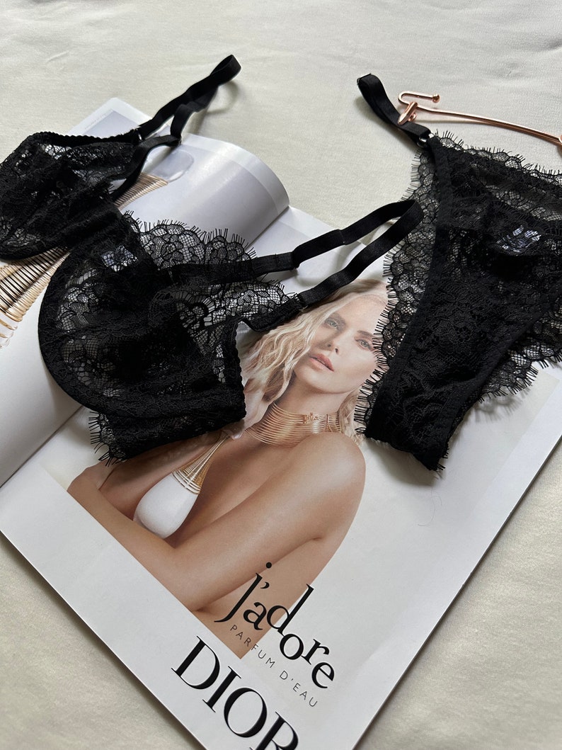 Black Lace Gloved Lingerie Set with Bralette & High Waist Panty