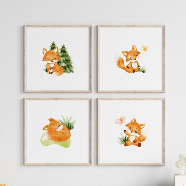 FOX NURSERY Wall art, Printable Set of 4, Baby Nursery, Toddler Room, Baby Room, Baby Fox Nursery Decor, Woodland Animal Prints, Watercolor