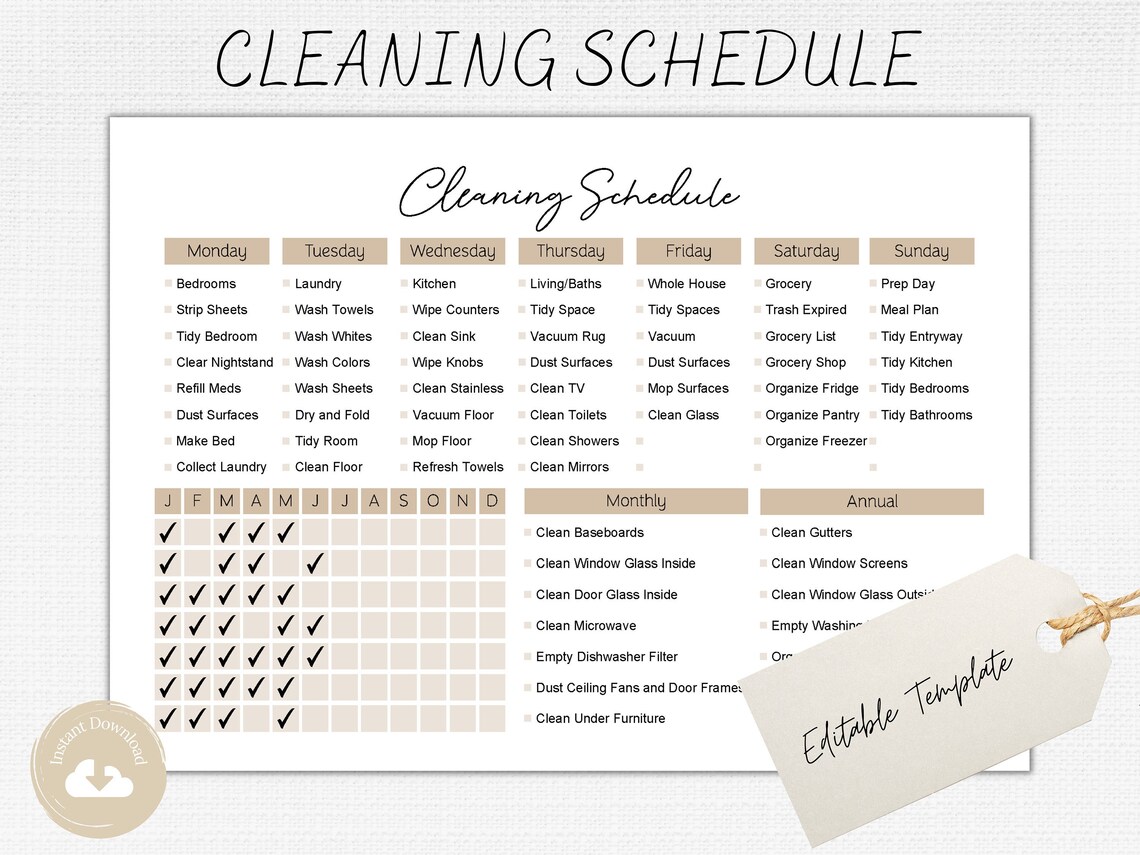 Editable Cleaning Schedule Printable Daily, Weekly, Monthly, Yearly