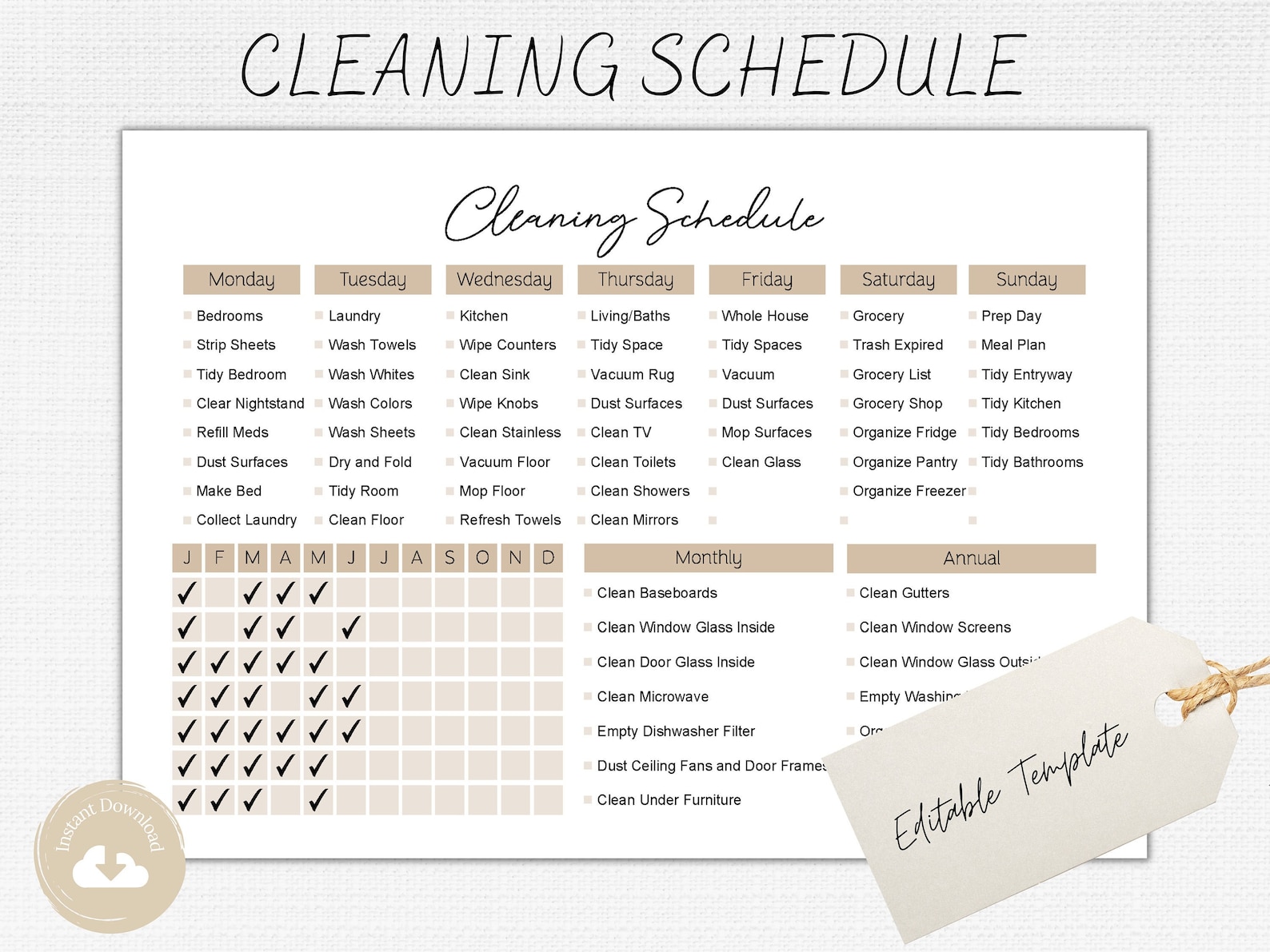 Editable Cleaning Schedule Printable Daily, Weekly, Monthly, Yearly