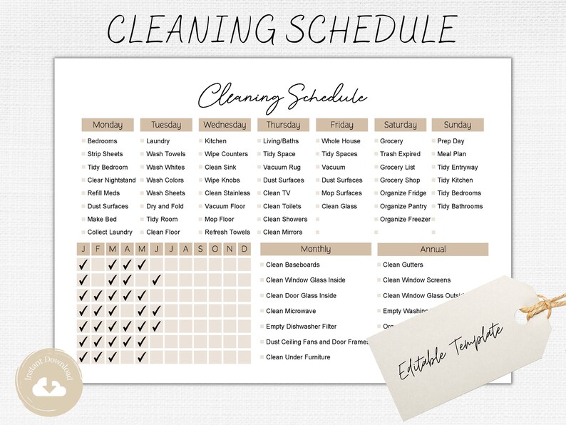 Editable Cleaning Schedule Printable Daily, Weekly, Monthly, Yearly Cleaning Checklist Cleaning
