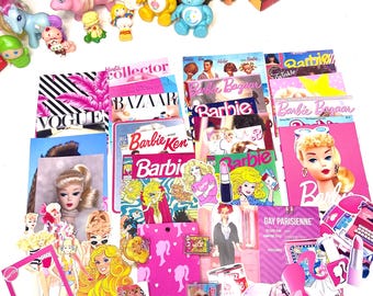 May include: A collection of vintage toys and ephemera, including Barbie magazines, dolls, and accessories, alongside My Little Pony and Care Bear figurines. The color palette is dominated by pink, yellow, and blue.