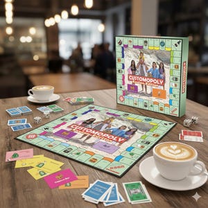 May include: A custom Monopoly board game with a family photo on the board and box. The game is set on a wooden table with dice, cards, and play money. Two cups of coffee are also on the table.