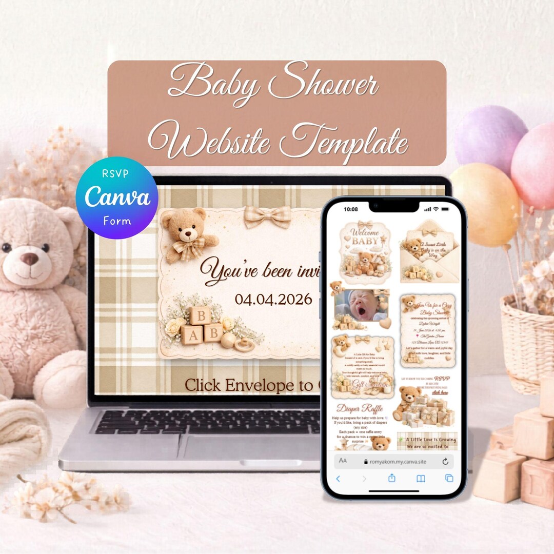Teddy Bear Baby Shower Website Invitation Template | Editable Canva ...