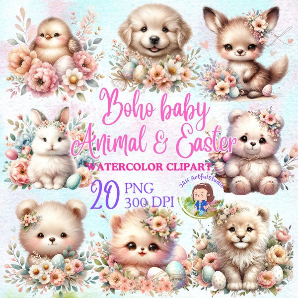 Boho baby animal clipart, cute animal clipart, Boho Nursery Watercolor, baby safari, cute baby animal, wild one baby shower, safari clipart