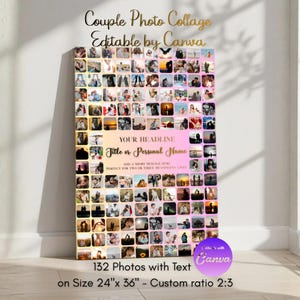 Può includere: Un collage fotografico personalizzabile, modificabile con Canva, con 132 foto. Il testo sul collage recita "Couple Photo Collage Editable by Canva". Dimensioni: 61 cm x 91 cm, con spazio per un titolo e un nome.