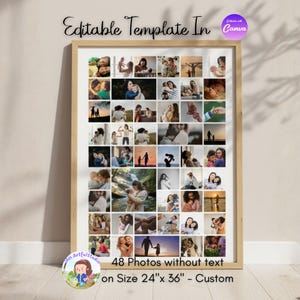May include: A framed collage featuring 48 photos, with a light wood frame. The photos depict various family moments. Text at the bottom reads "48 Photos without text on Size 24"x 36" - Custom". The top text says "Editable Template In Canva".