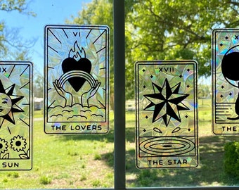 Tarot Card Suncatcher Window Cling (Set of 4) / Celestial Suncatcher / Witchy Room Decor / Whimsigoth Room Decor / Witchy Halloween Decor