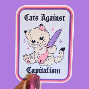 Pegatina "Gatos contra el capitalismo" / Calcomanía impermeable para vaso / Memes divertidos de gatos / Anticapitalismo imagen 1