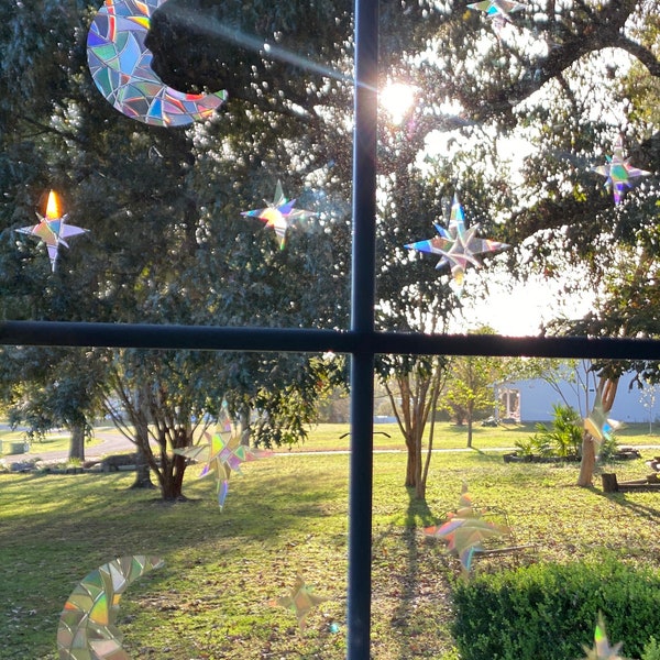 Celestial Suncatchers (Set of 16) / Static Window Cling / Renter Friendly / Reusable / 90s Sun Moon and Stars Aesthetic / Whimsigoth