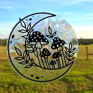 Whimsigoth Mushroom Suncatcher Sticker / Mushroom Decor / Cottagecore / Moon Phase Suncatcher / Whimsigoth Decor / Witchy Suncatcher