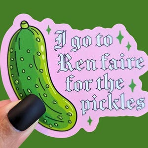 Puede incluir: Una pegatina troquelada con fondo rosa claro que presenta una ilustración de un pepinillo verde y el texto negro "I go to Ren faire for the pickles" en fuente gótica, decorada con pequeñas estrellas verdes de cuatro puntas.