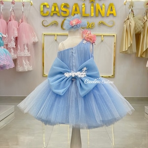Liz dress blue, Baby girl dress blue, Blue flower girl dress, Blue knee length dress, 3D flowers blue girl dress, Blue baby birthday dress
