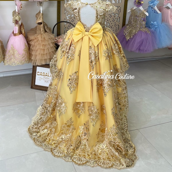 Janessa Dress Yellow. Long tail yellow princess dress, Gold lace princess dress, Gold lace baby girl dress for special occasions