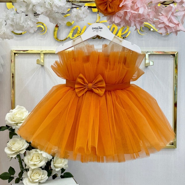 Pamela Dress Orange. Baby Girl Dress. Birthday Dress. Puffy Knee Length Toddler Orange Baby Kids Dress. Birthday Photoshoot Dress. Orange.