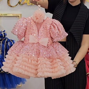 Pink Sequin Party Dress: Handmade Ruffle Dress with Bow & Headband