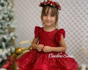 Cameron Dress Red. Red fluffy baby girl dress, Knee length red toddler dress. Sparkling Dress for Christmas baby girl dress