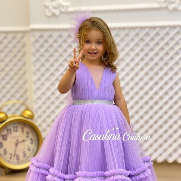 Felicity Dress Lavender. Puffy princess dress with lavender long skirt. Zero sleeve, ruffled, V-detailed baby girl birthday dress. Handmade