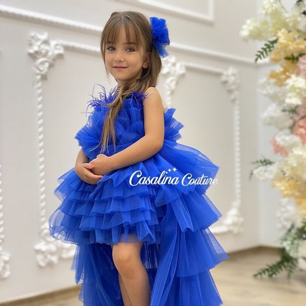 Dulce Dress Royal Blue, Knee-length royal blue girls dress with long tail, Feather detail, big bow princess dress, fluffy flower girl dress