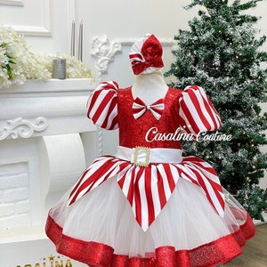 CasalinaCouture Sugar Cane Dress. Puffy Tiered Red and White Print Knee Length Christmas Baby Girl Dress. Special Luxury Baby Girl Dress for Christmas