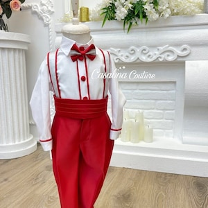 Alex Suit Red Silver. Baby Boy Tuxedo. Baby Boy Suit. Baby Boy Dress. Boy birthday dress. baby boy wedding dress. Baby dress with Bow Tie